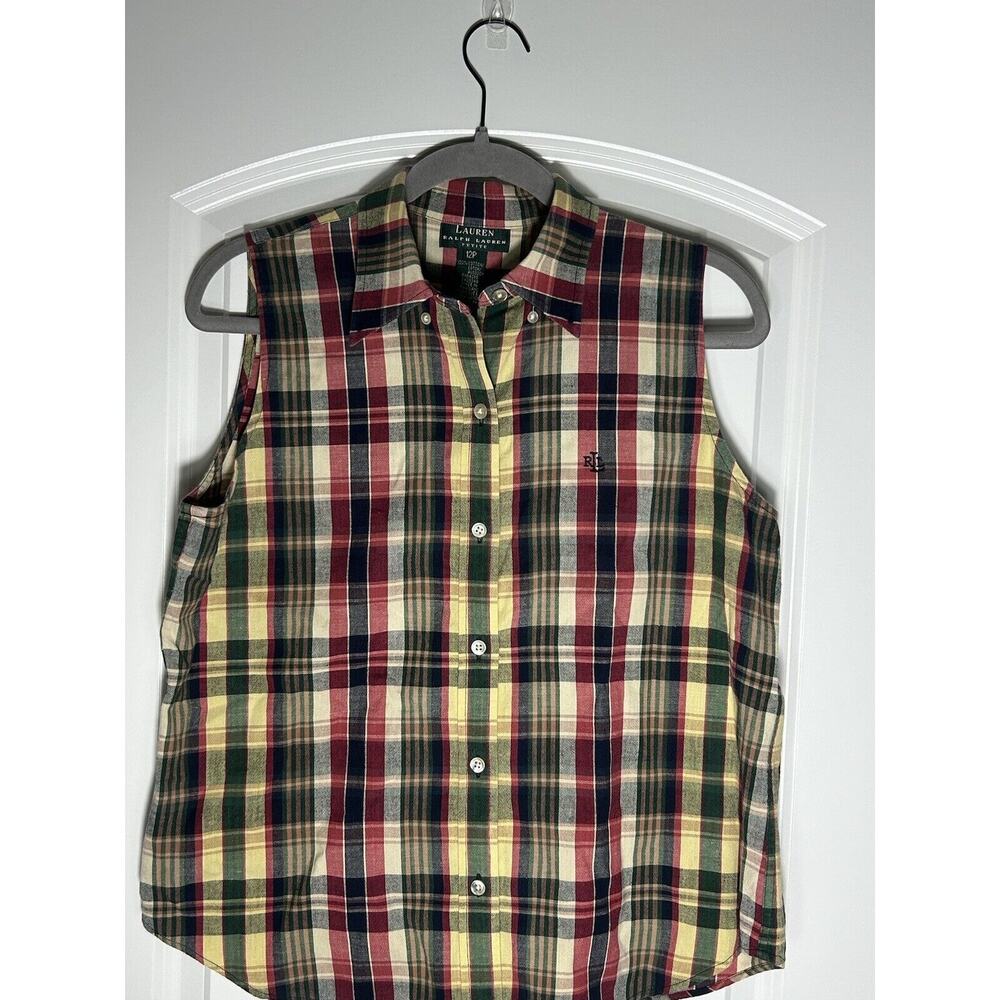 Lauren Ralph Lauren Logo Button Down Sleeveless Plaid Shirt Women's Size 12P